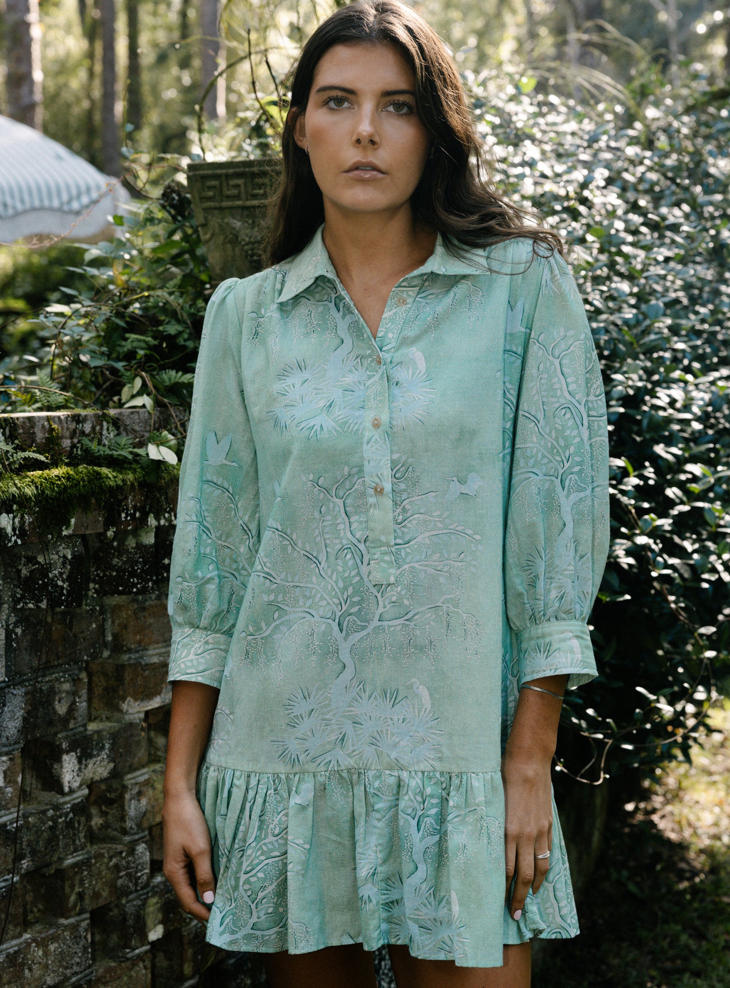 Whalen Shirt Dress - Green Lowcountry Watercolor
